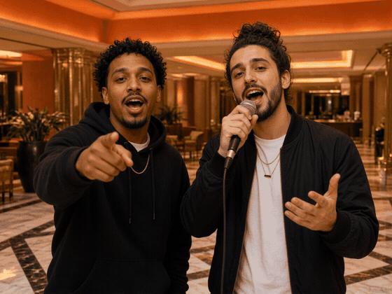 Two people rapping in a hotel lobby.