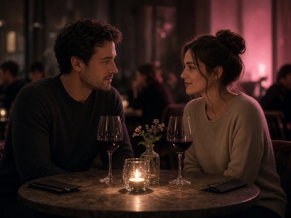 Imagen de muestra de una pareja en una mesa con una vela. No es un video terminado.