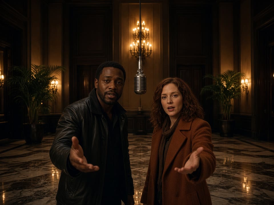 Demo still of two adults under a hanging microphone in a hotel lobby. Not a finished customer video.