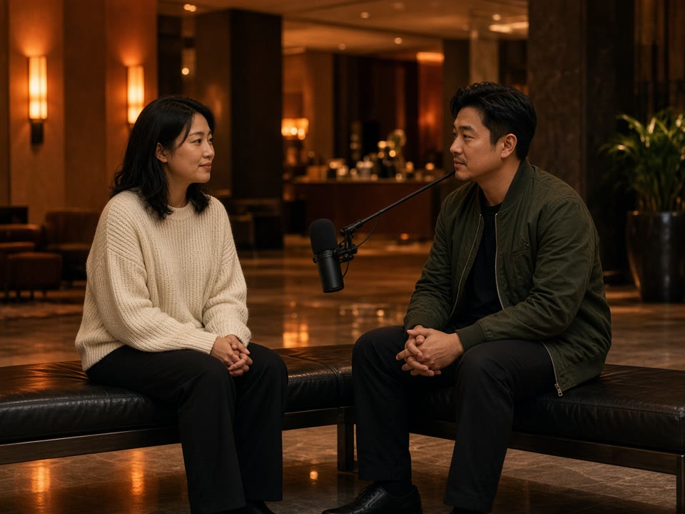 Demo still of two adults seated on a bench in a hotel lobby. Not a finished customer video.