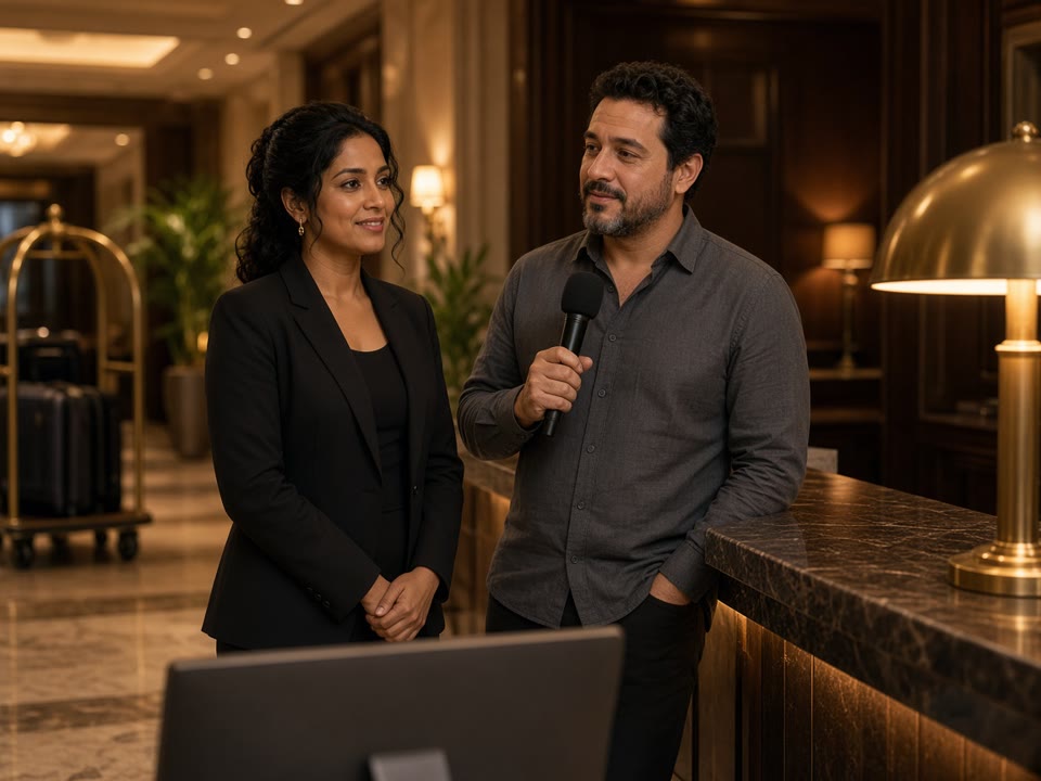 Demo still of two adults at a hotel reception desk. Not a finished customer video.