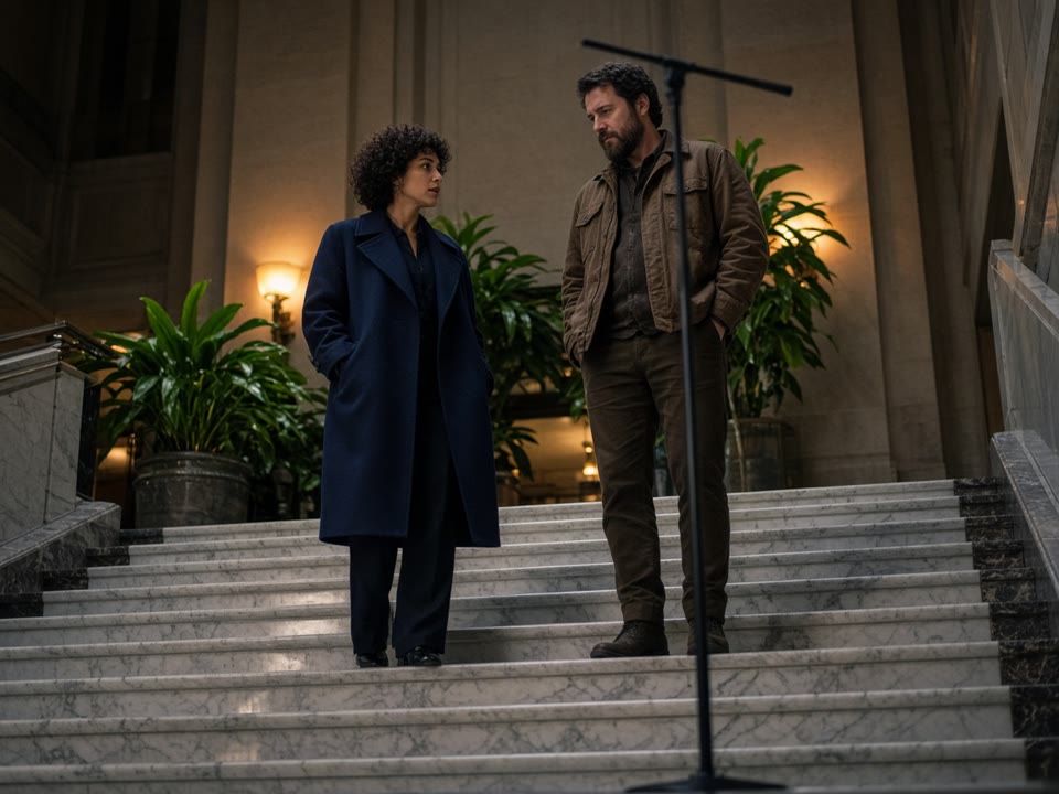 Demo still of two adults on a hotel lobby staircase. Not a finished customer video.