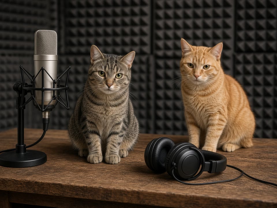 Immagine demo di due gatti accanto a un microfono. Non è un video finito.