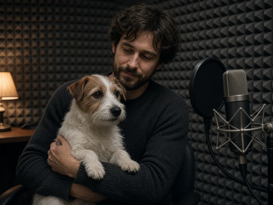 Immagine demo di una persona e un cane in uno studio. Non è un video finito.