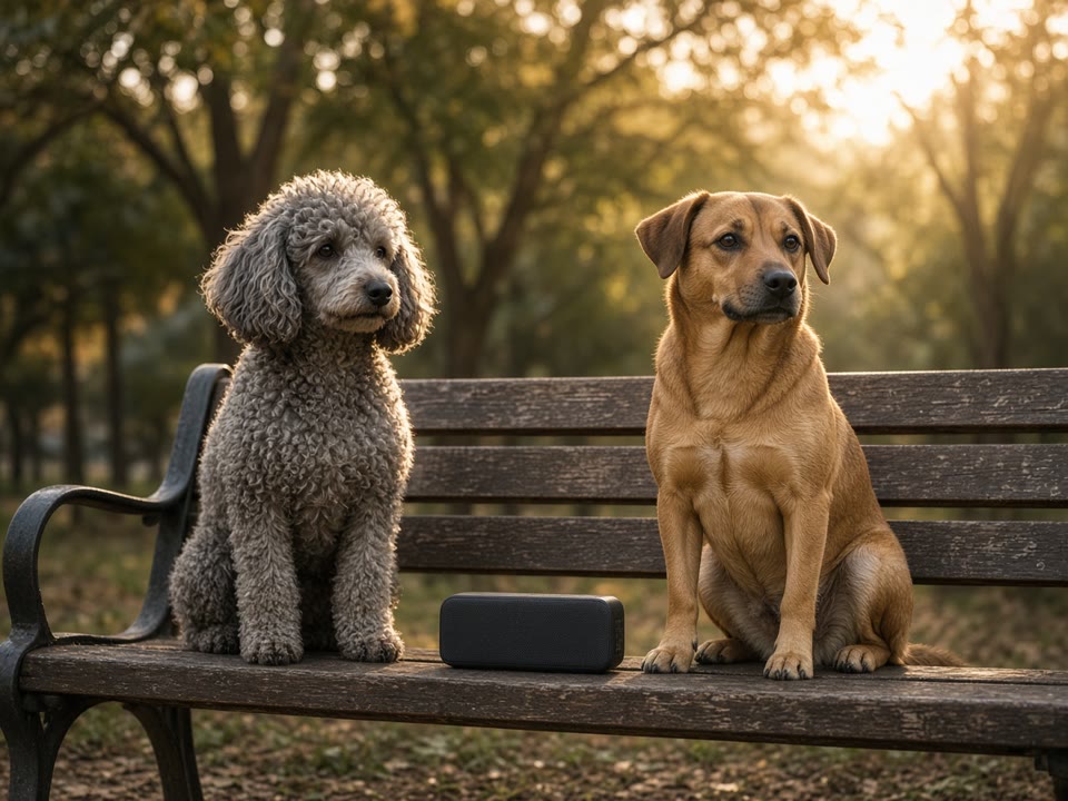 Immagine demo di due cani su una panchina. Non è un video finito.